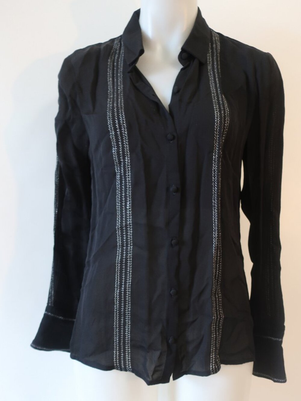 Womens Ecru Black Silver (Item- 110) Embroidered Button Blouse Top S